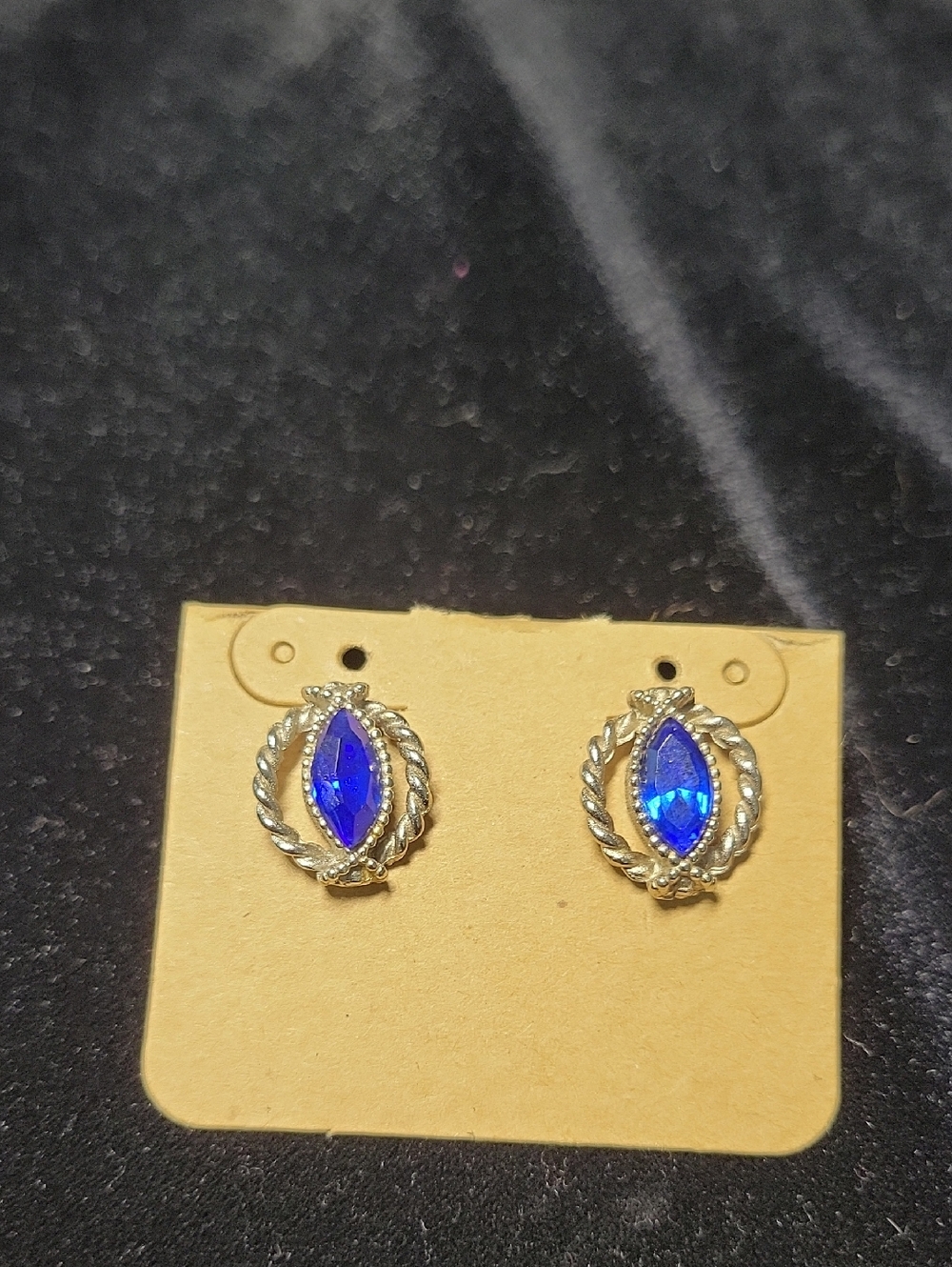 Silvertone Rope Stud Earrings with Marquise Cut Blue Stone